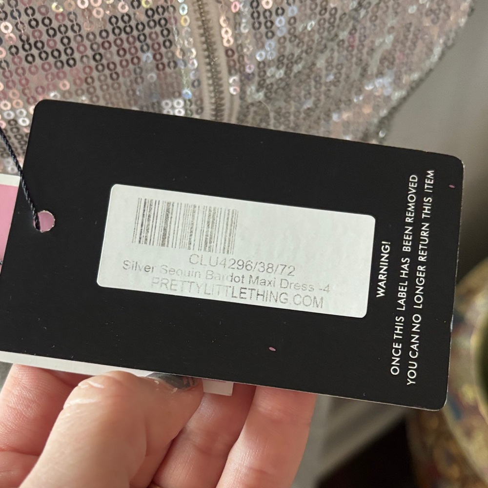 NWT PrettyLittleThing Silver Sequin Off-Shoulder Prom Dress - Picture 9 of 11